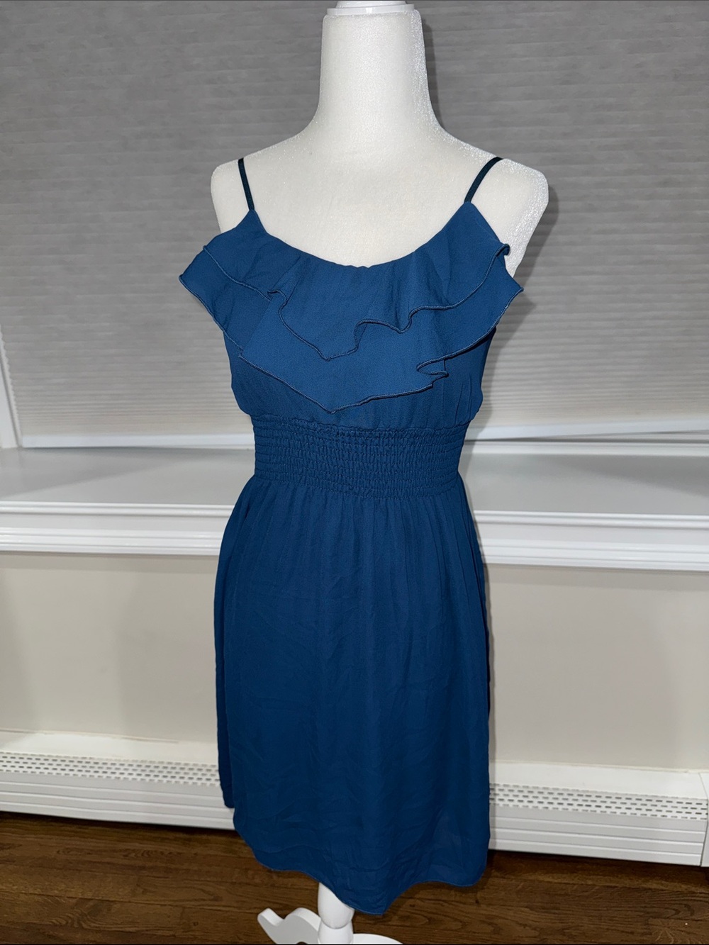 Body Central Teal-Blue Ruffle Spaghetti-Strap Mini Dress